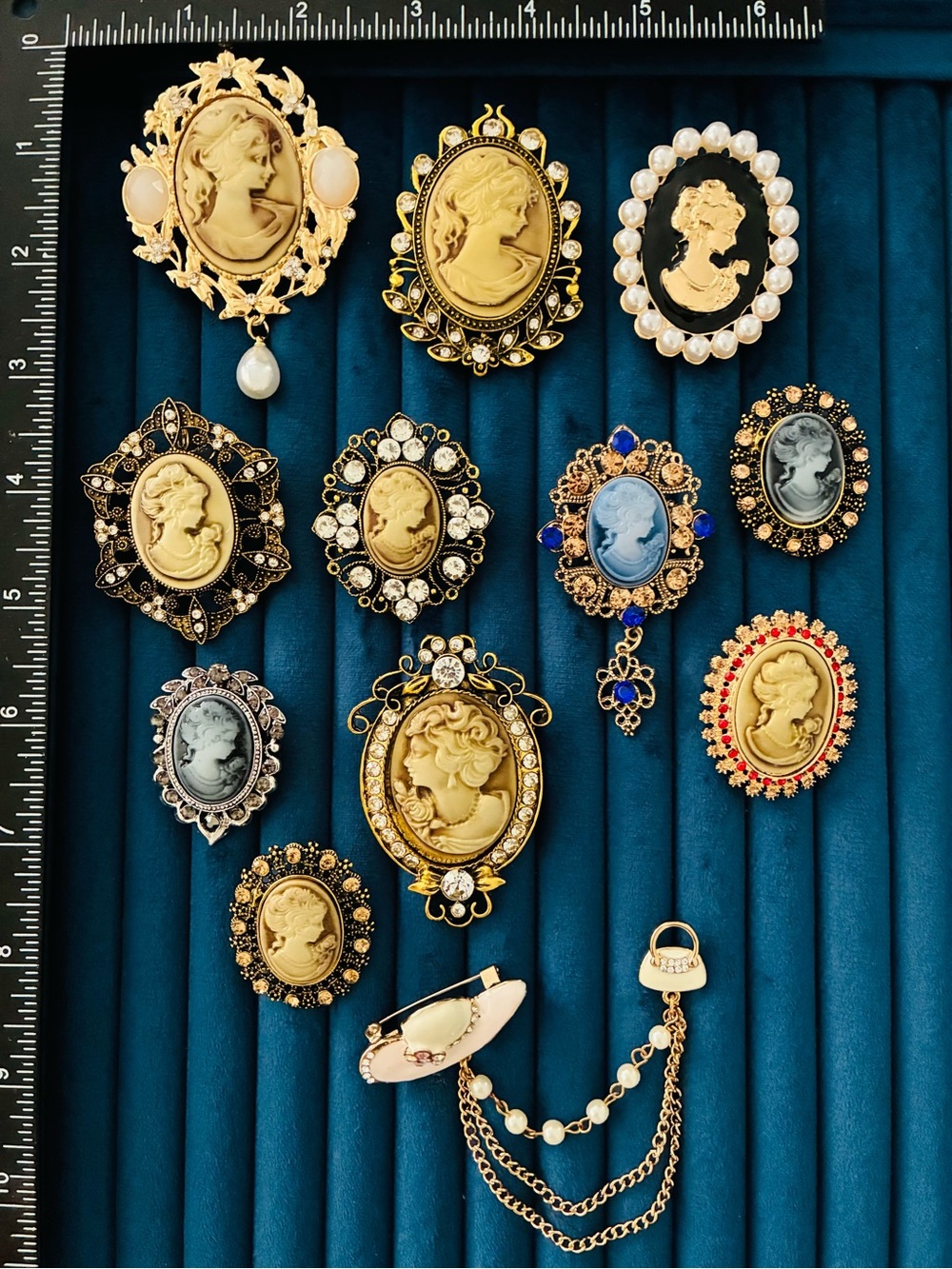 12pc Cameo Brooch Pin Lot Rhinestone Pearl Victorian Portrait Set